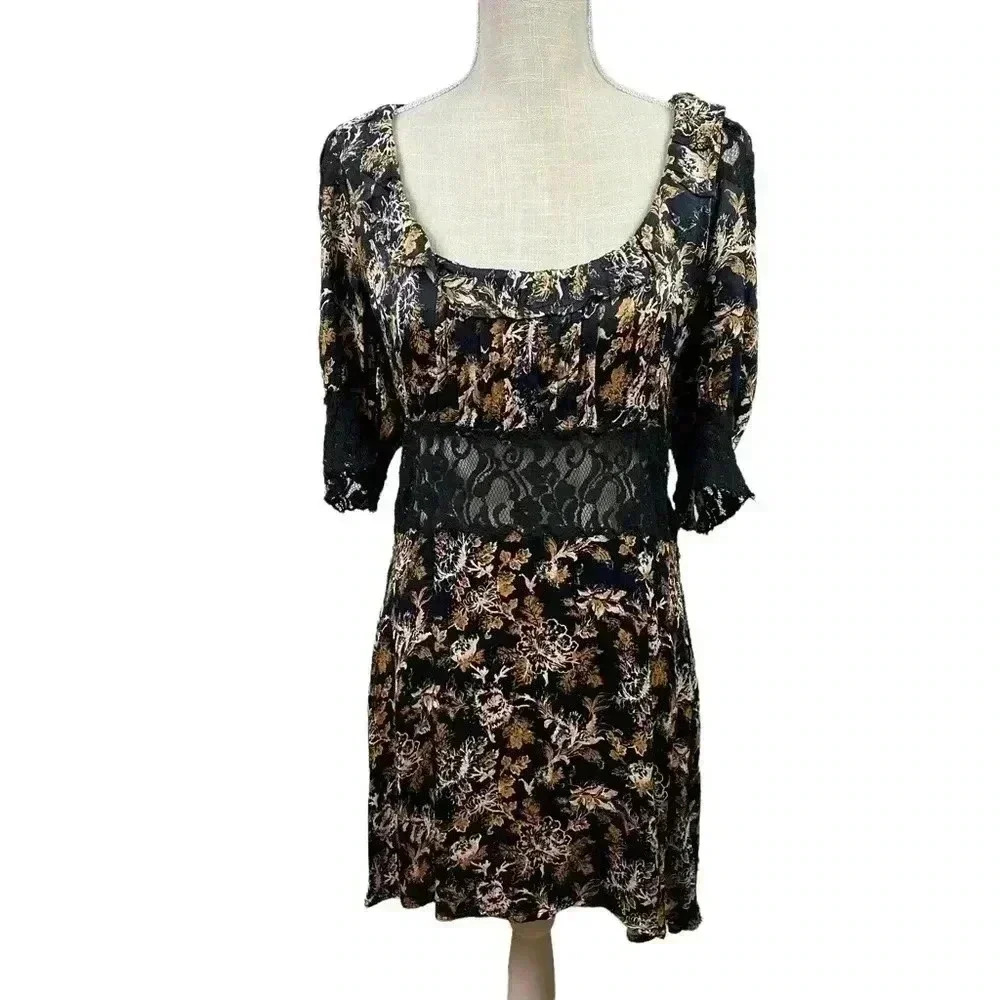 Free People Lucie Mini Dress in Black Combo With Lace Detail Size 8